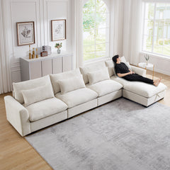 Large L Shape Sectional Corduroy Sofa,Deep Seat Couch with Storage Footstool and 4 Waist Pillows,Beige