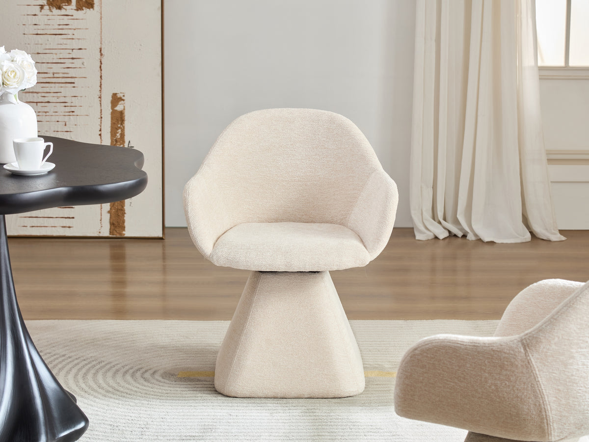 Modern 180° Swivel Accent Chair, Barrel-Shaped With Solid Wood Base, Beige Upholstered Armchair Featuring Curved Backrest, Comfortable Living room Chair Suitable for Bedroom or Home Office.
