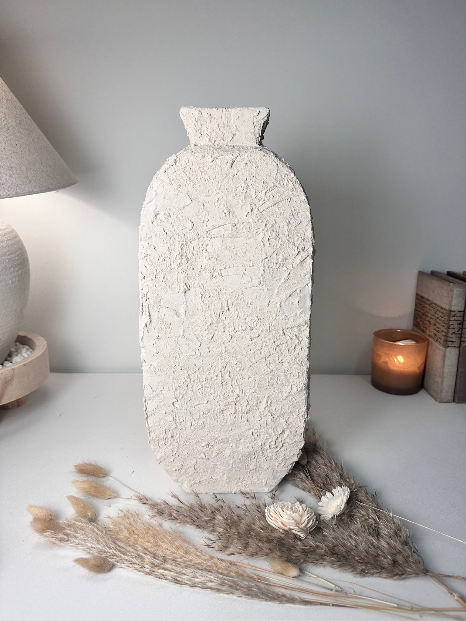 Minimalist Textured Hand-painted Sculpture Floor or Table Vase 17" tall - Cream