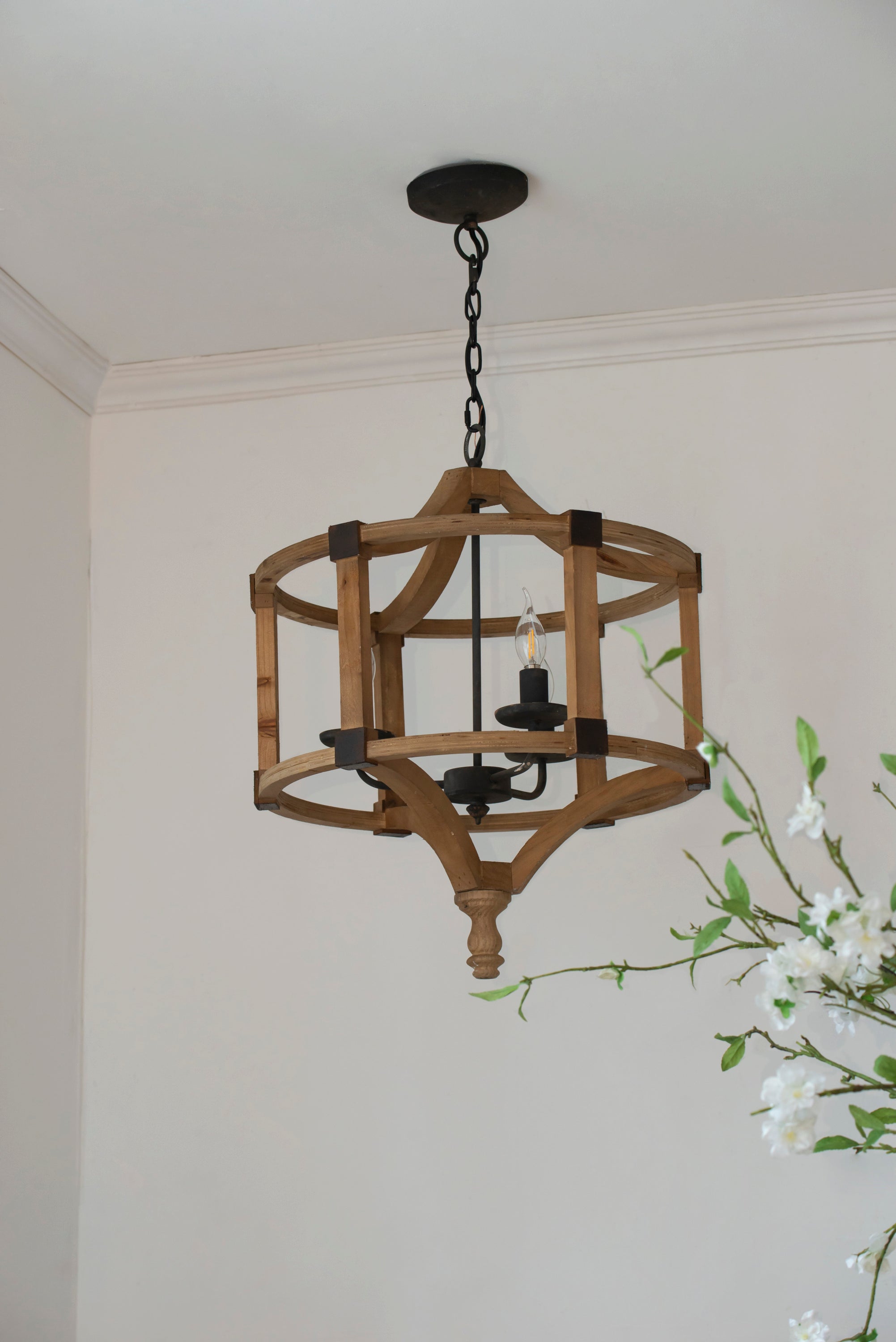 3-Light Wood Drum Chandelier, Hanging Light Fixture with Adjustable Chain