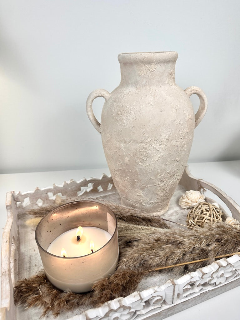 Minimalist Roman Style Textured Hand-painted Ceramic Vase 12" tall - cream/off-white