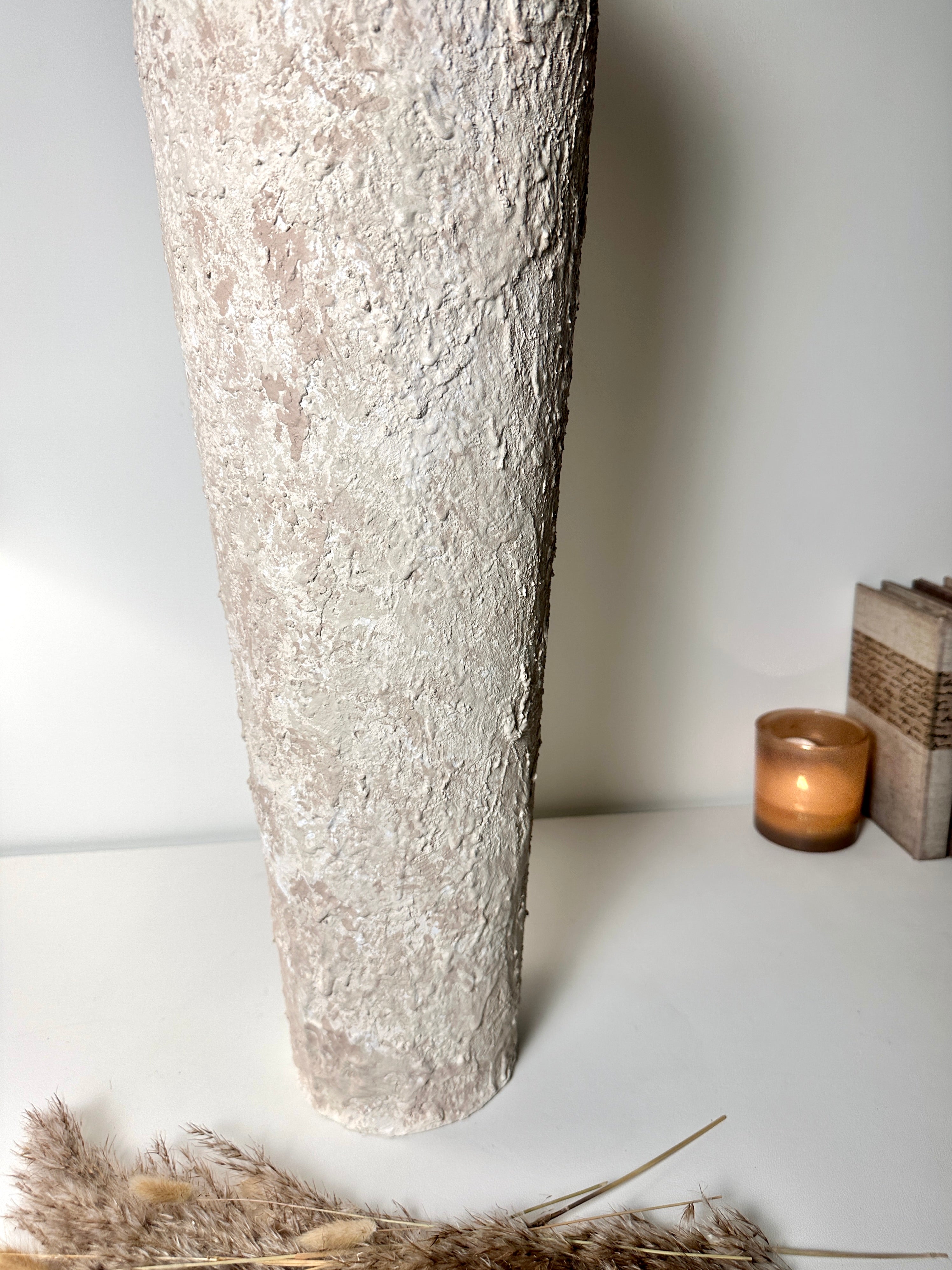 Floor Vase 32" tall minimalist hand-painted metal texture - cream wash