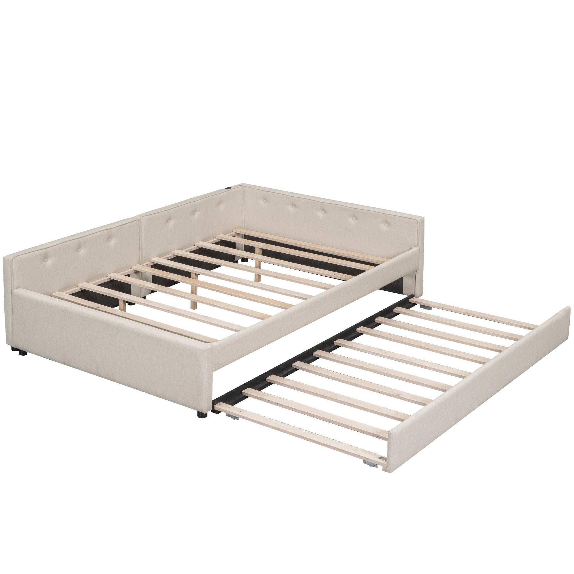Full Size Upholstered Platform Bed with USB and Twin Size Trundle - Beige