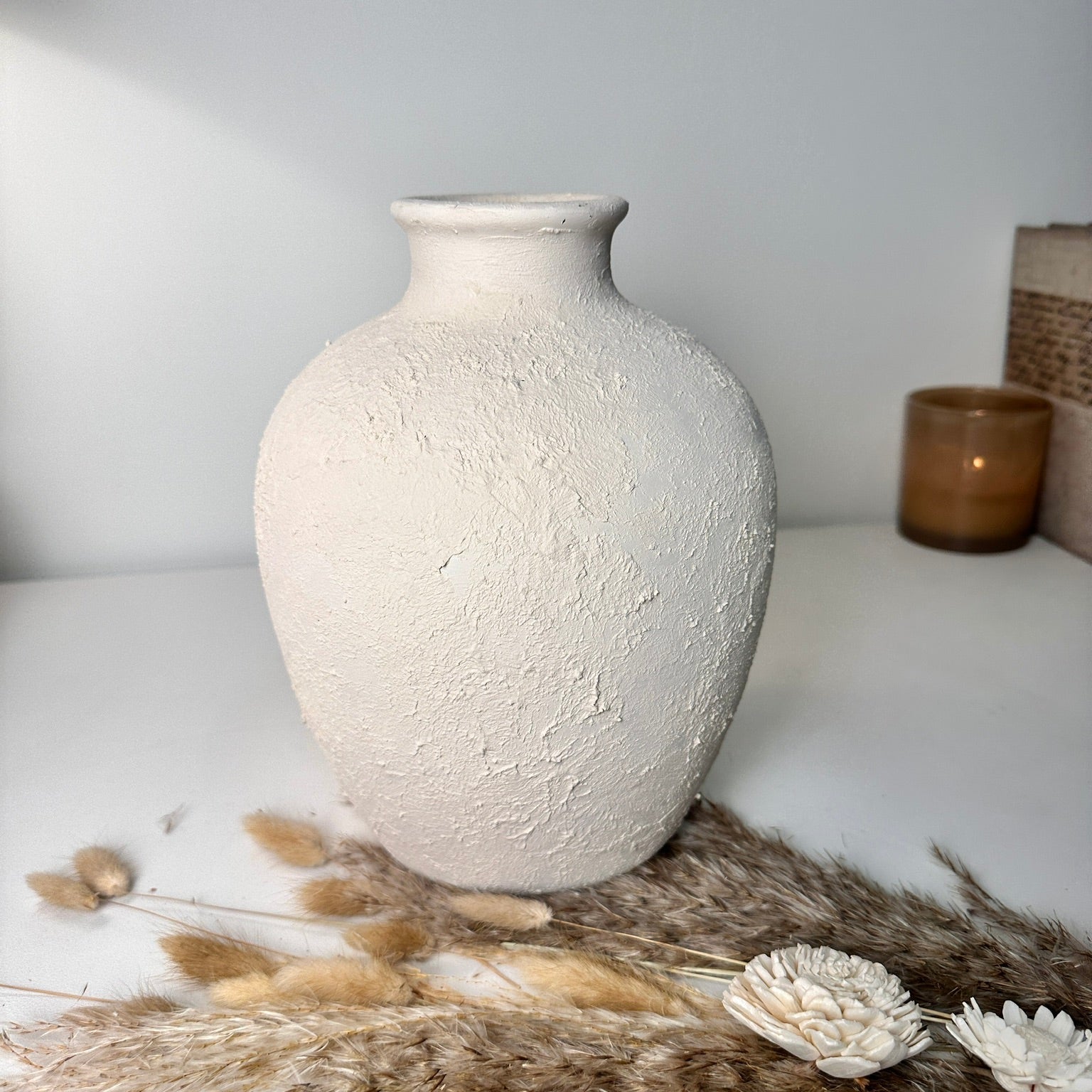 Minimalist Hand-Painted and Textured Ceramic Vase 10” tall - Cream