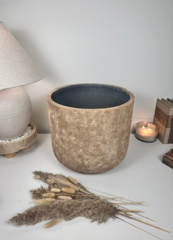 Rustic Hand-Painted & Textured Planter 12" tall with drainage hole one time creation - Brown washed