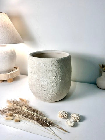 Minimalist Hand-Painted & Textured Planter Pot 12.5" tall with drainage hole one time creation - Cream Linen wash