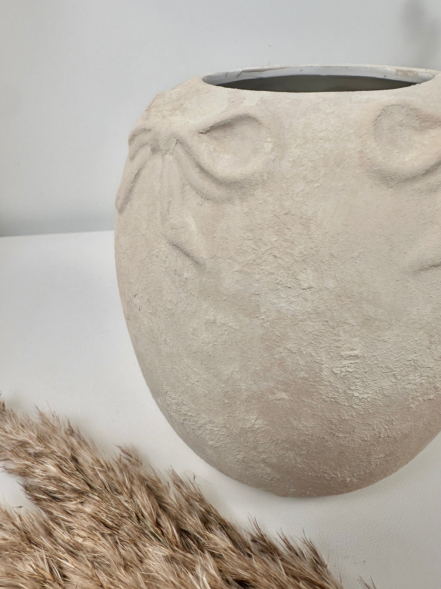 Minimalist Style Ceramic Vase with Bow 7", Painted and Textured by Hand - Cream Sand Washed