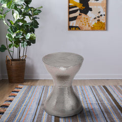Industrial Style Hammered Texture Iron Stool with Hourglass Shaped Body - Silver