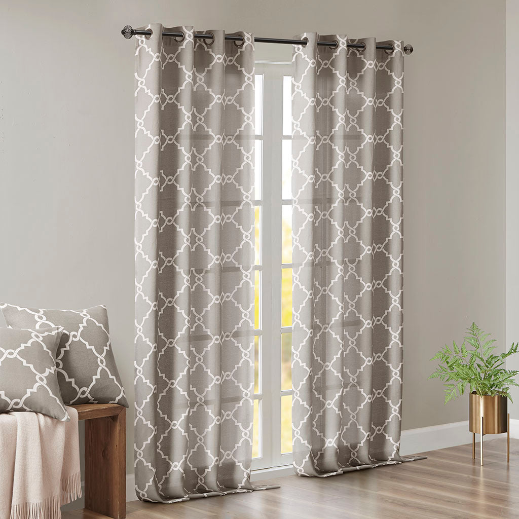 50x108" Fretwork Print Grommet Top Window Curtain Panel - Grey+White (1 panel only)