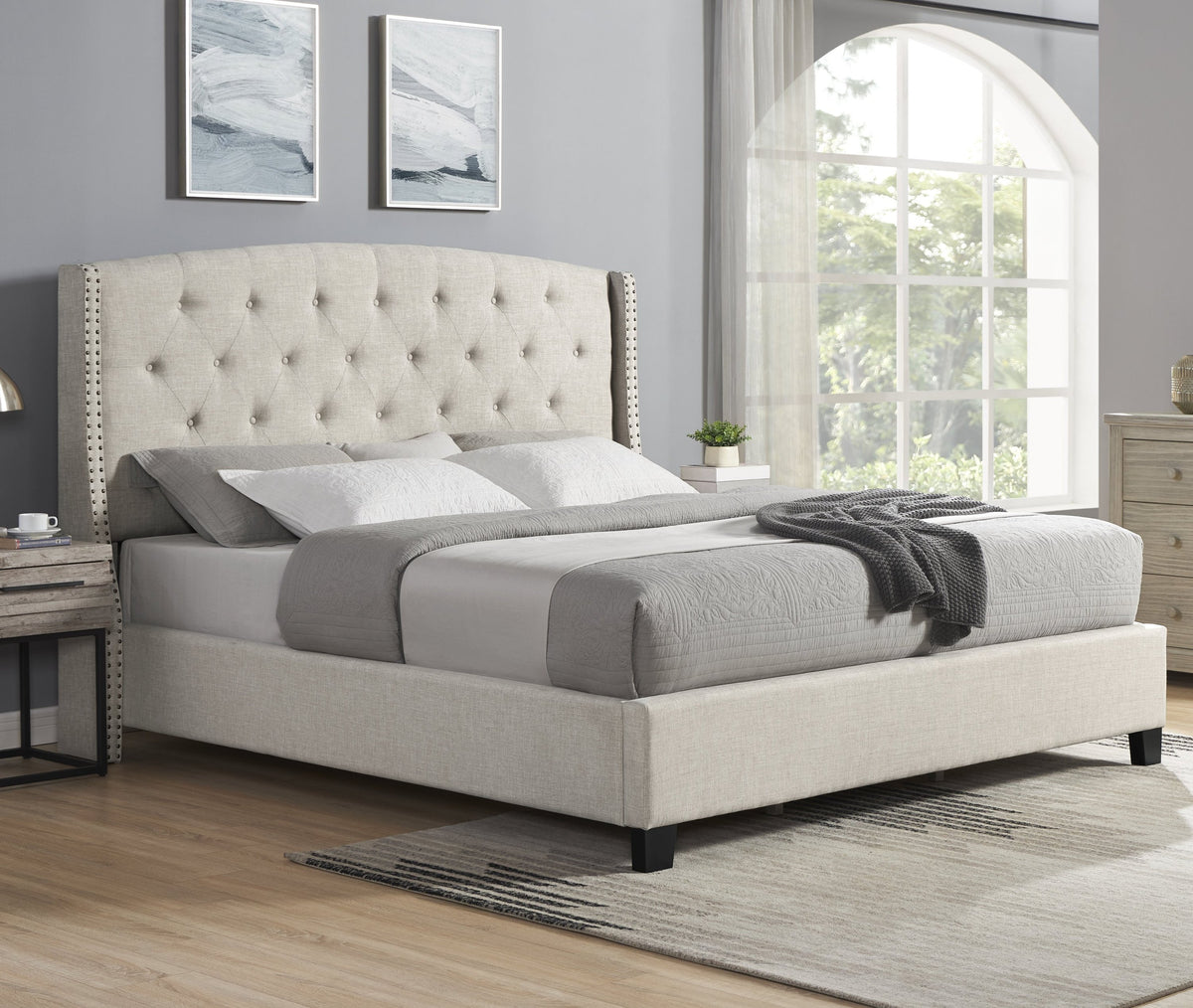 Queen Size Nantarre Fabric Button Tufted Wingback Upholstered Bed with Nail Head Trim, Beige