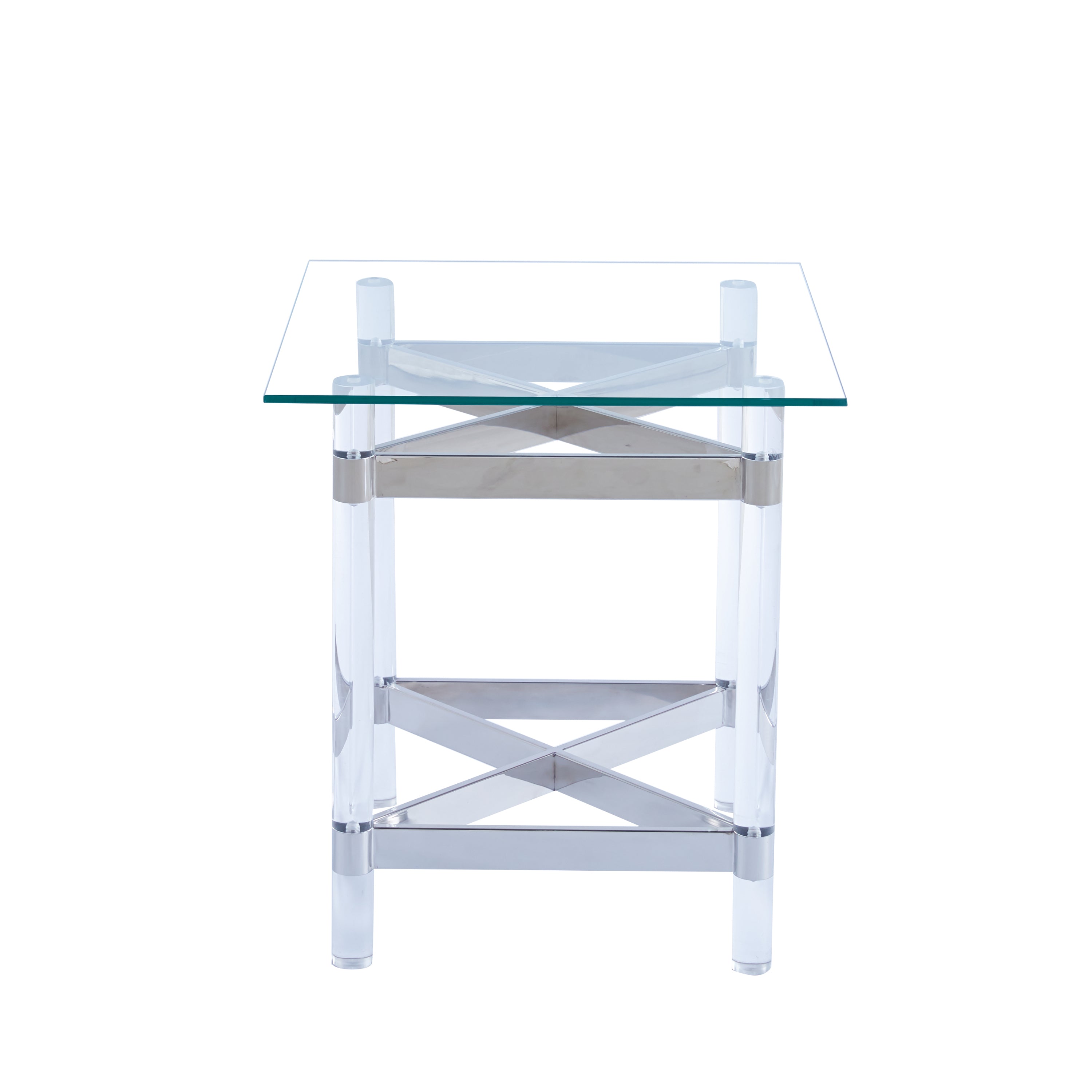 Silver Stainless Steel With Acrylic Frame Clear Glass Top End Table