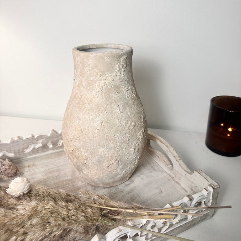 Rustic Hand-painted Ceramic Decorative Vase 10"  - Light Beige wash