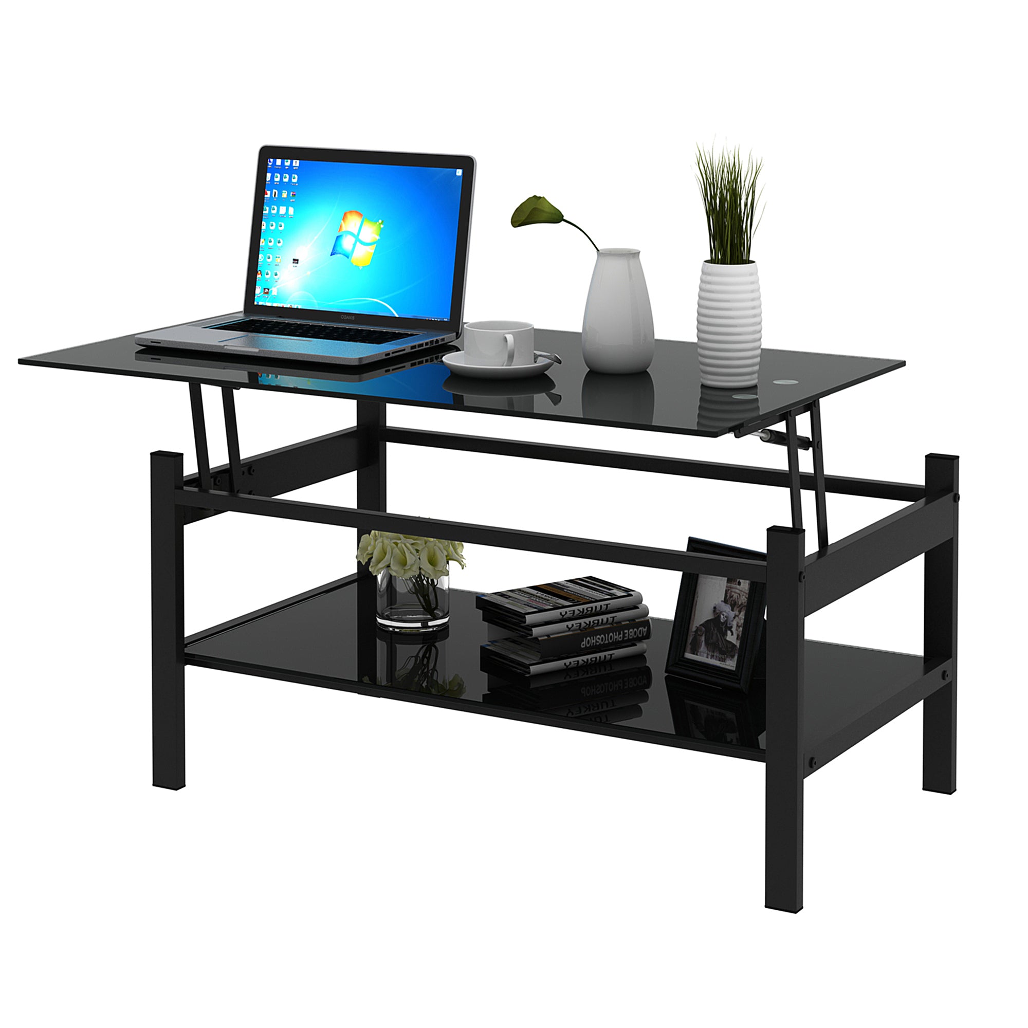Modern Simple 2-Layer Tempered Glass Coffee Table - Black