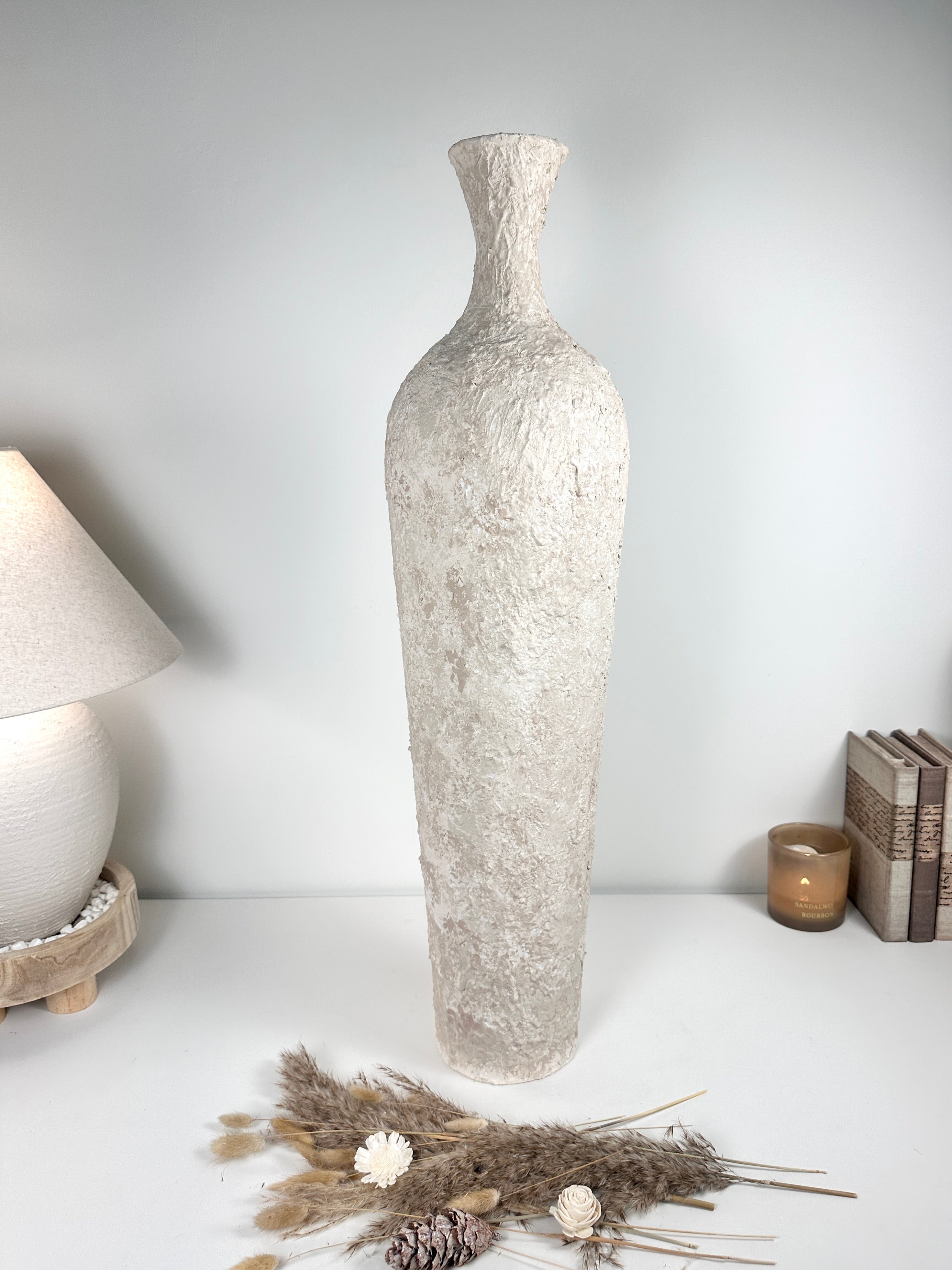 Floor Vase 32" tall minimalist hand-painted metal texture - cream wash