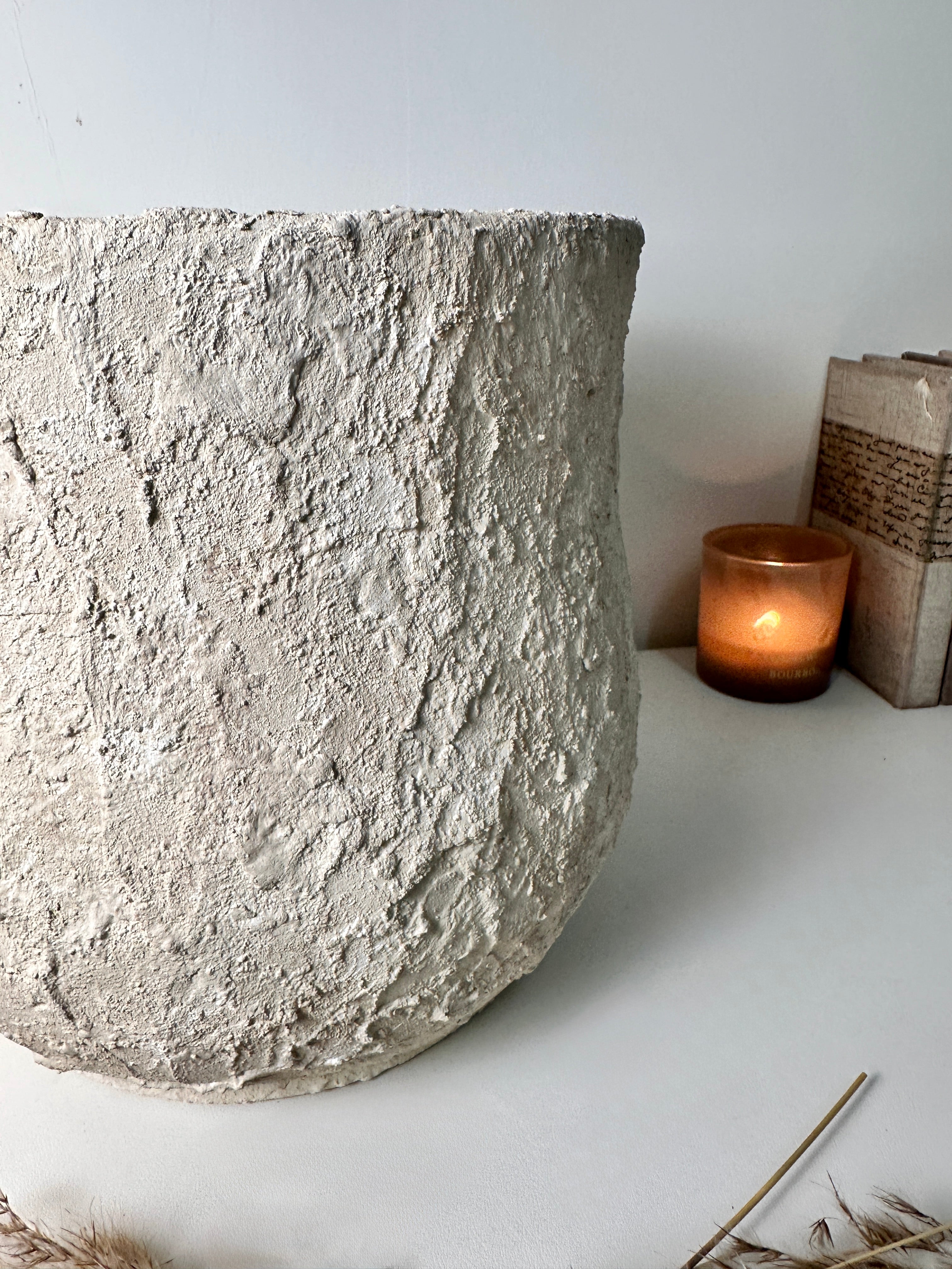 Minimalist Hand-Painted & Textured Planter Pot 12" tall with drainage hole one time creation - Cream Linen wash