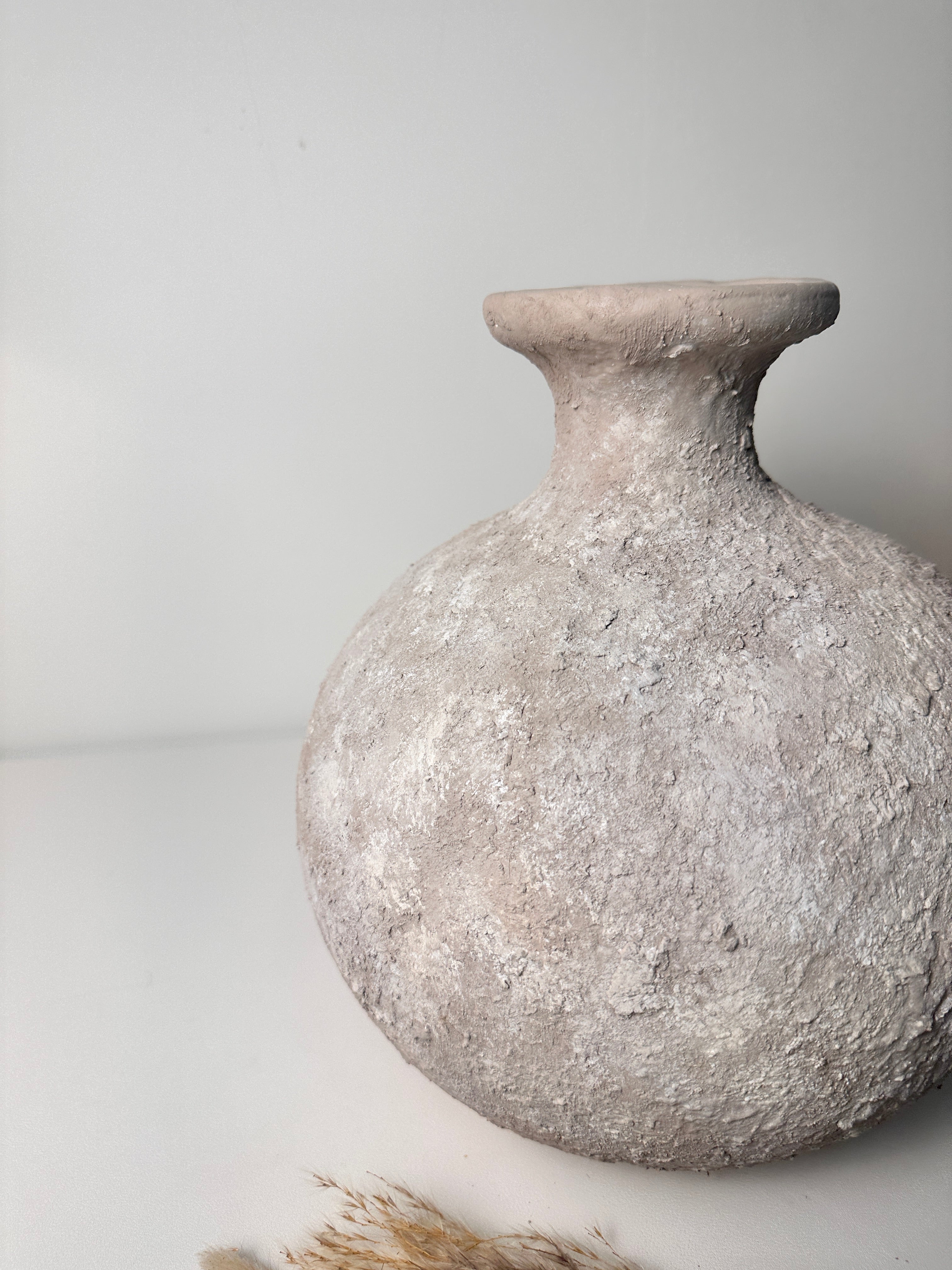 Rustic Hand-Painted Ceramic Round Bottle Vase 11" tall - Beige Wash