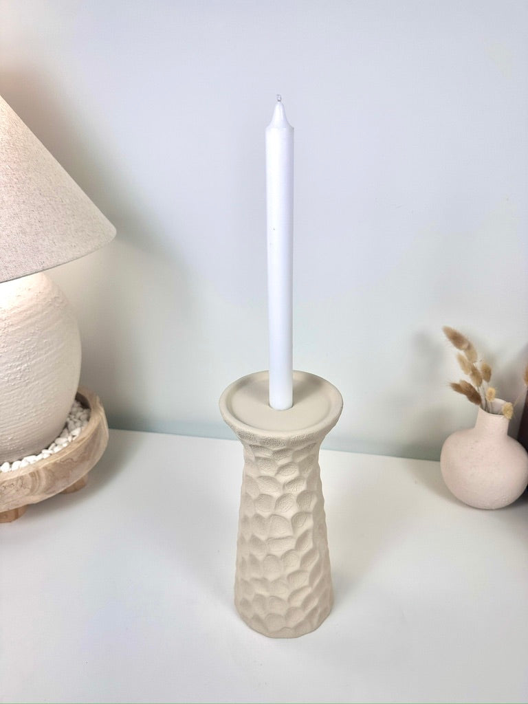 Minimalist Abstract Textured Candlestick 10'5 tall Beige Linen Color