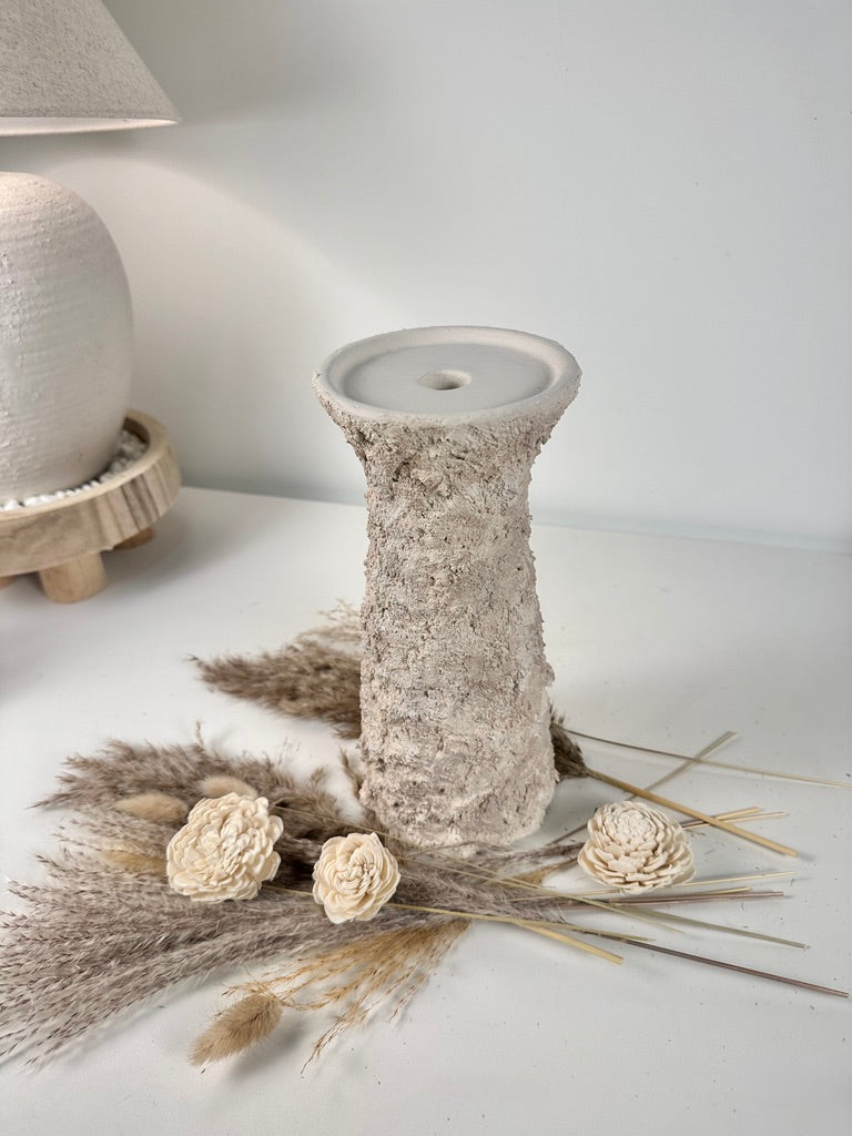 10'5  Minimalist Abstract Textured Candle Holder for Candlestick and Pillar Candle 10'5 tall - Cream wash