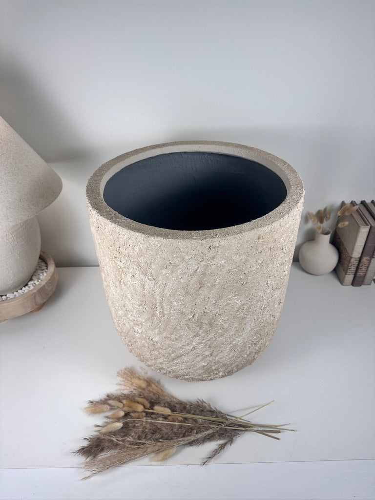 Minimalist Hand-Painted & Textured Planter Pot 17.5" tall with drainage hole one time creation - cream sand washed