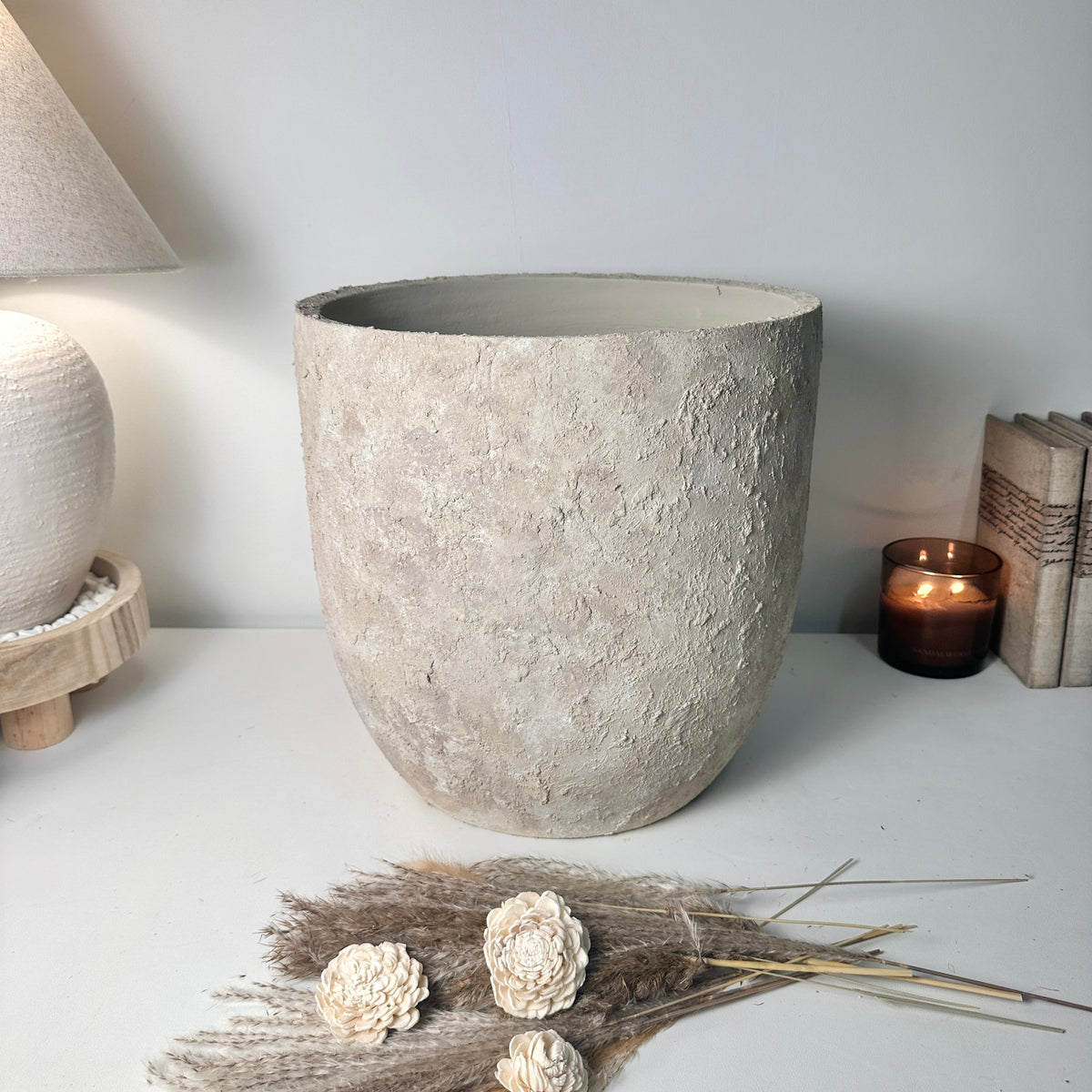 13.5" tall Minimalist Hand-Painted & Textured Planter Pot with drainage hole - French Beige