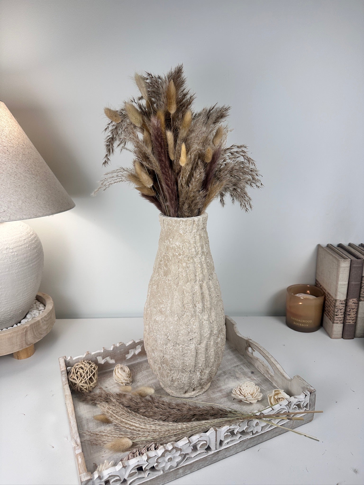 Minimalist Hand-Painted/Textured Ceramic Vase 14" - Cream Sand washed