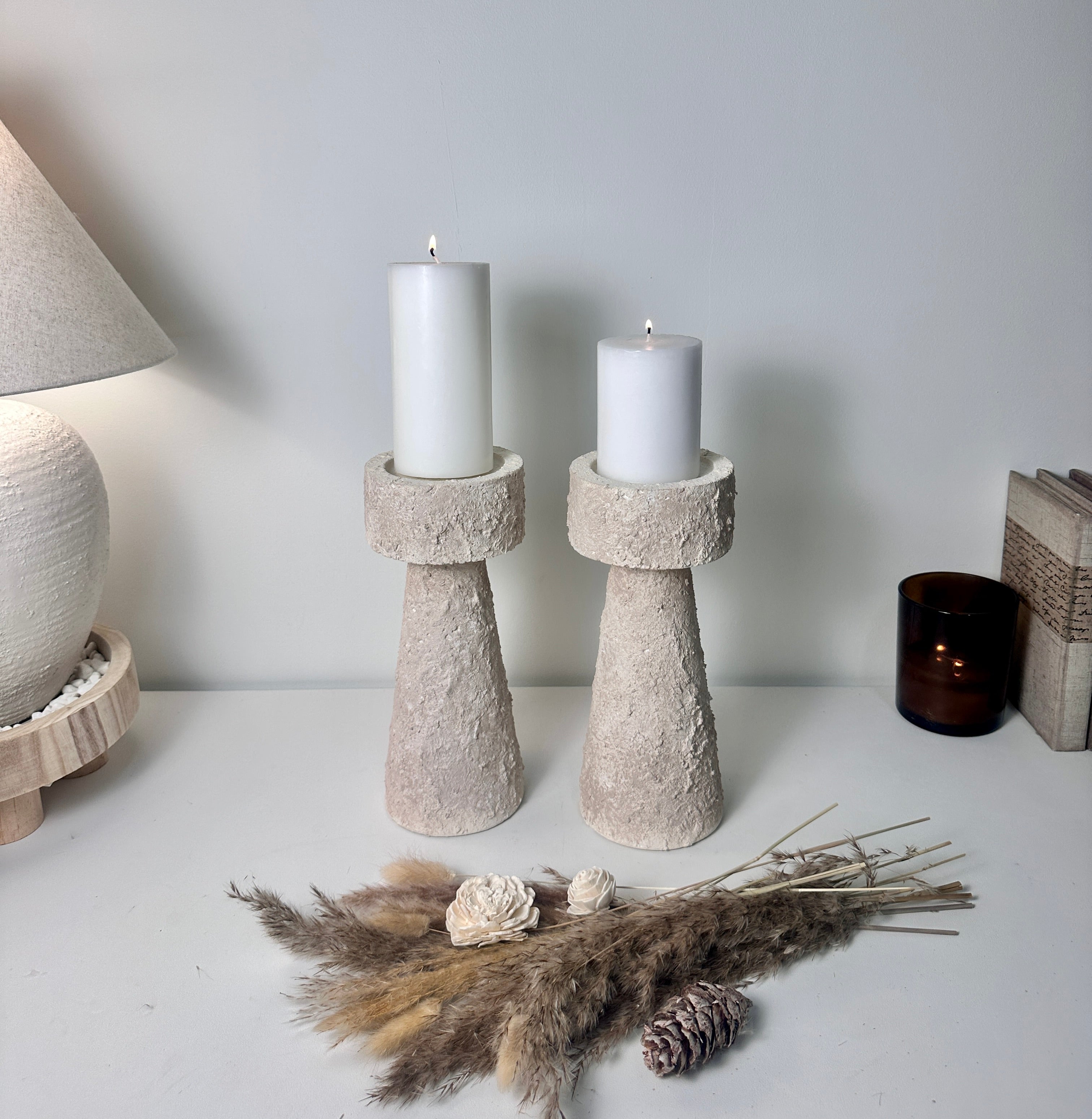 Set of 2 candle holder tray and stick minimalist style 11" tall - Cream wash