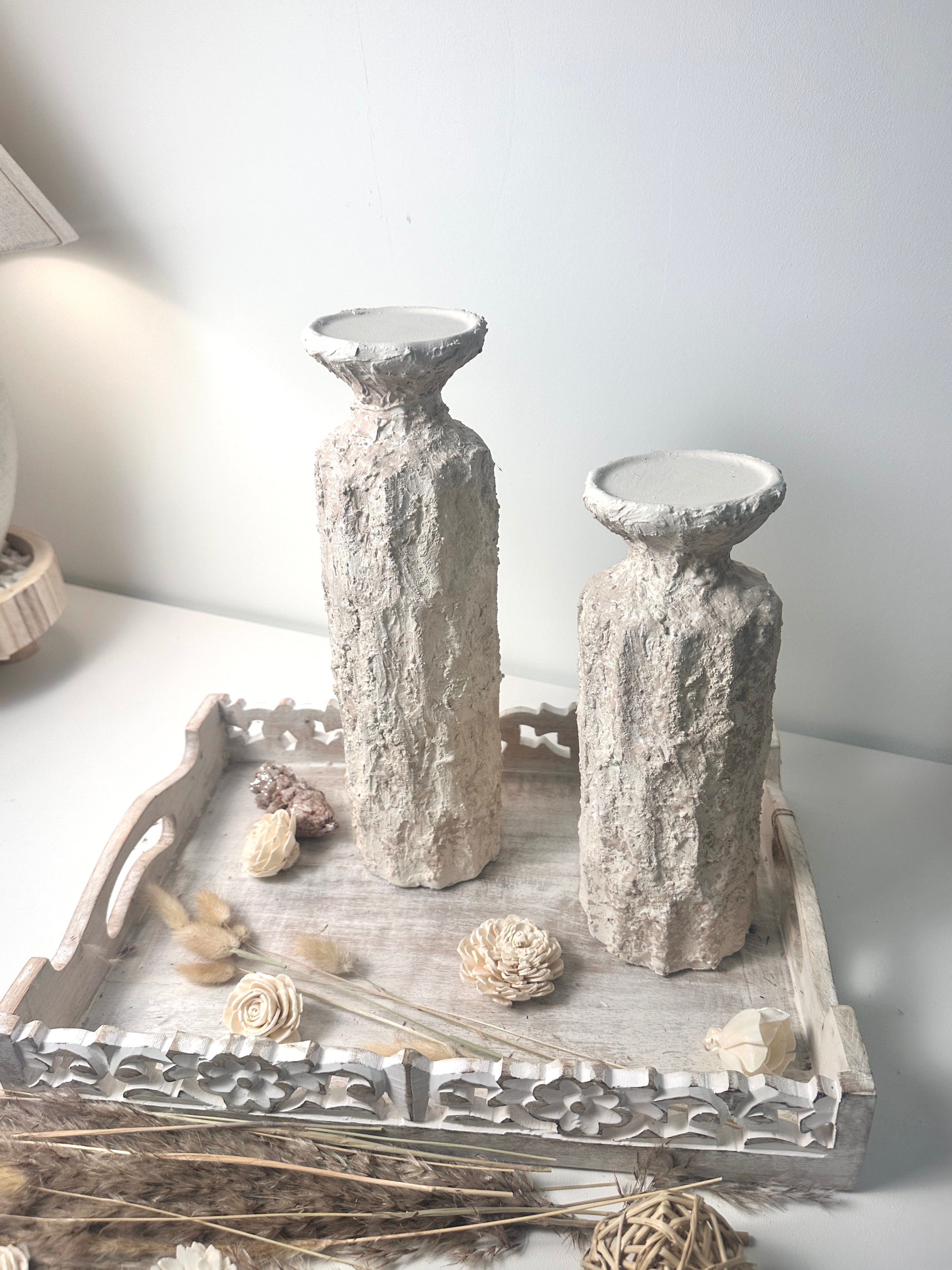 Minimalist Set of 2 Candle Holders Textured Hand-Painted - Cream Sand (10.5x4x4", 13x4x4")