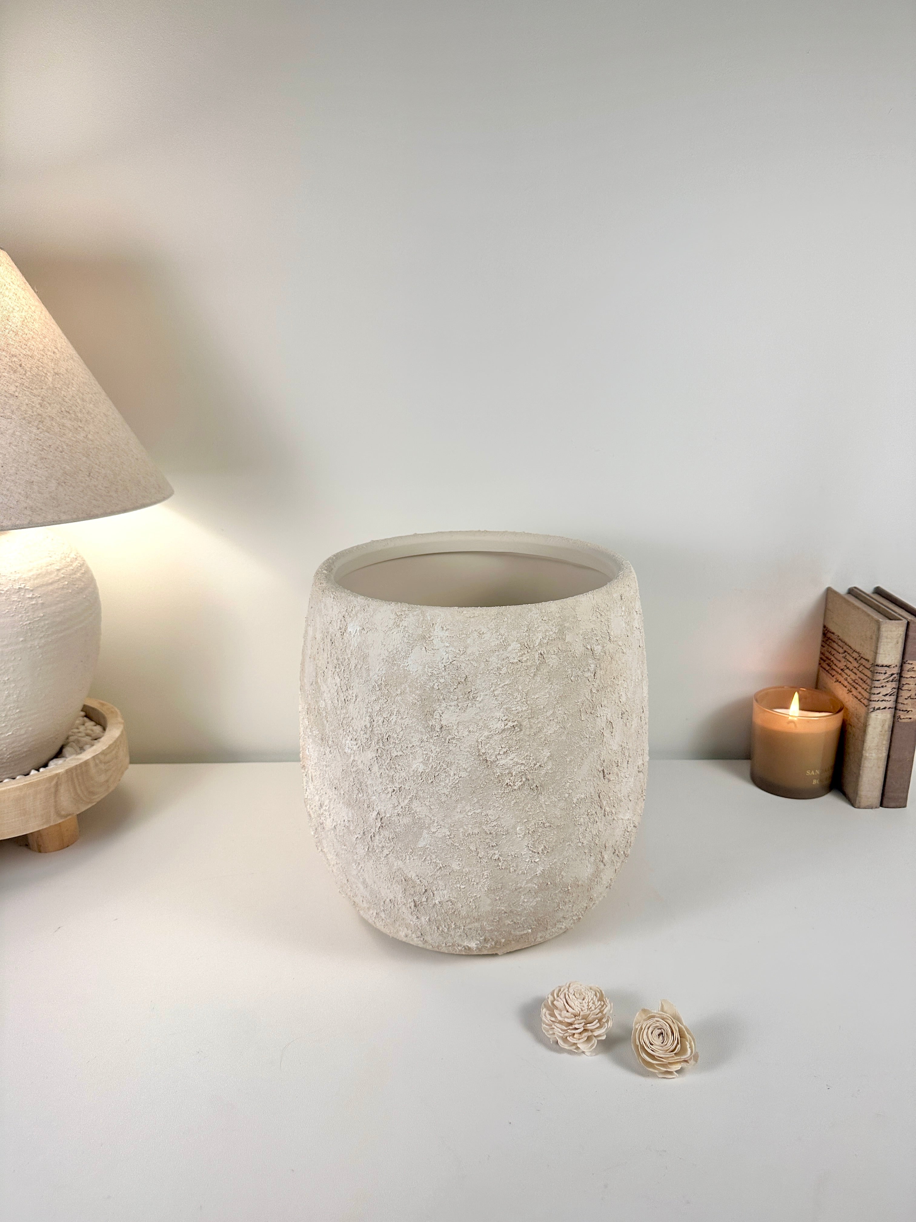 Minimalist Textured Hand-painted Ceramic Planter 12.5"" tall - off white washed