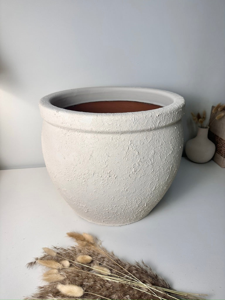 Minimalist Hand-Painted & Textured Planter Pot 12" tall with drainage hole one time creation - Cream