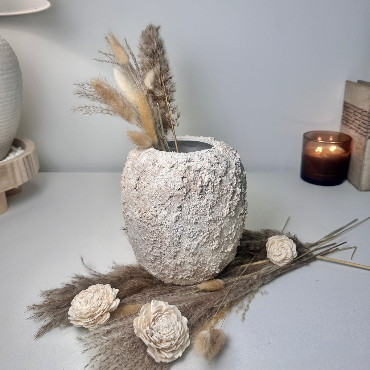 Minimalist Hand-Painted Textured Ceramic Round Vase 7" tall - cream sand wash