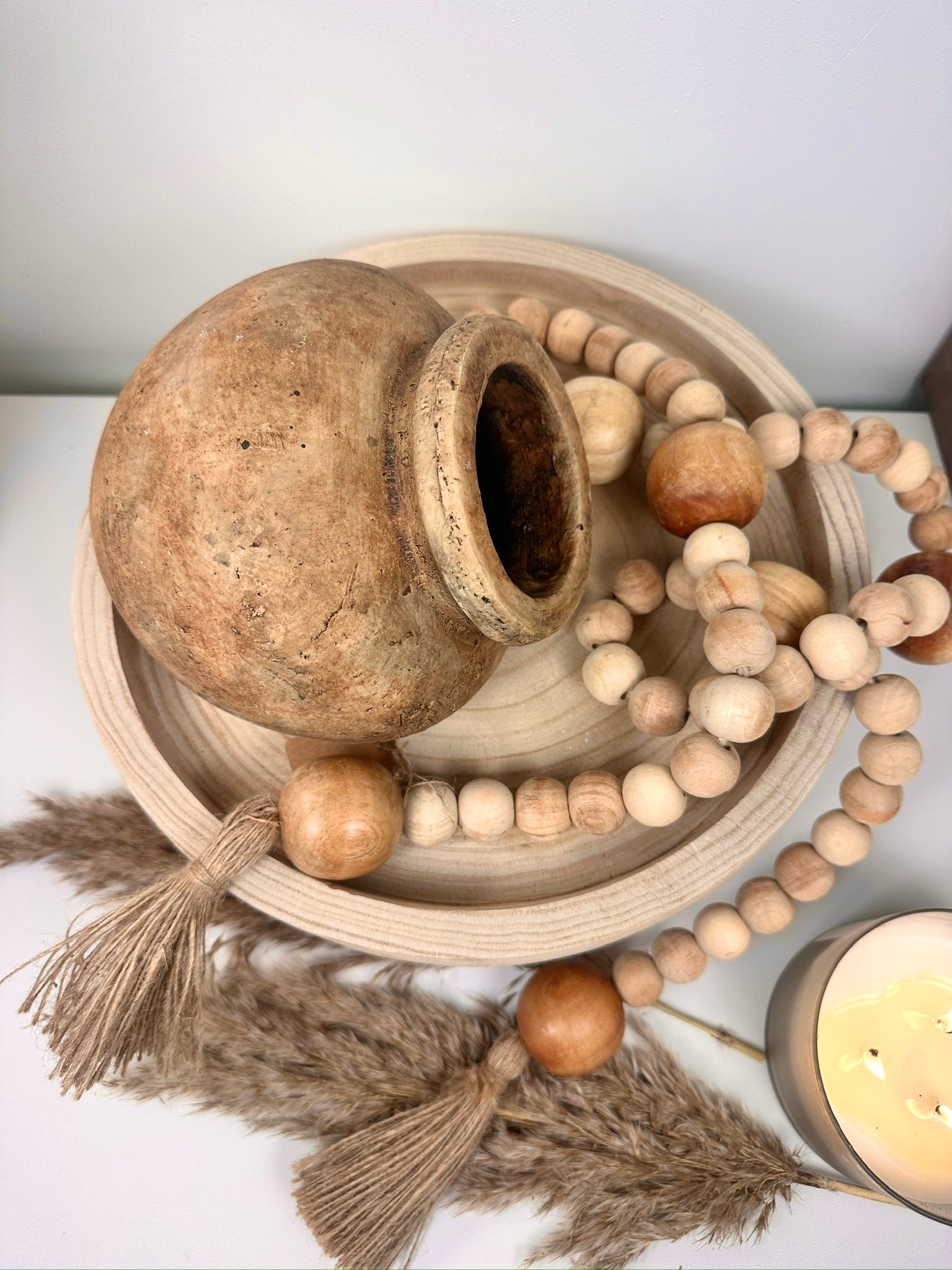Set of 3 Decorative Accent Boho Mediterranean Style, Organic and Rustic Centerpiece Setting (Vase, Paulownia Tray and Natural Wood Bead Garland)