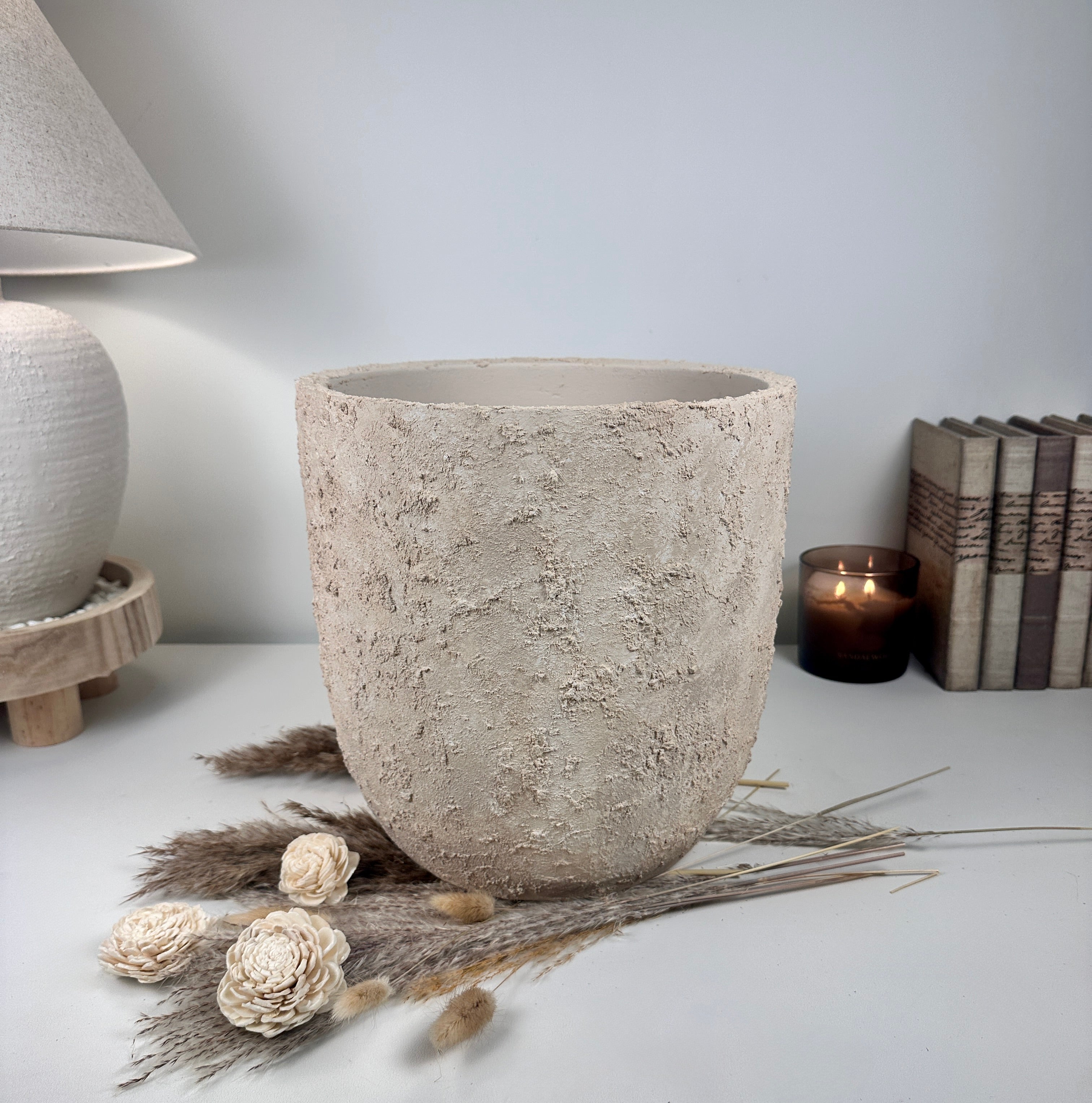 9" tall Minimalist Hand-Painted & Textured Planter Pot with drainage hole - Sand wash