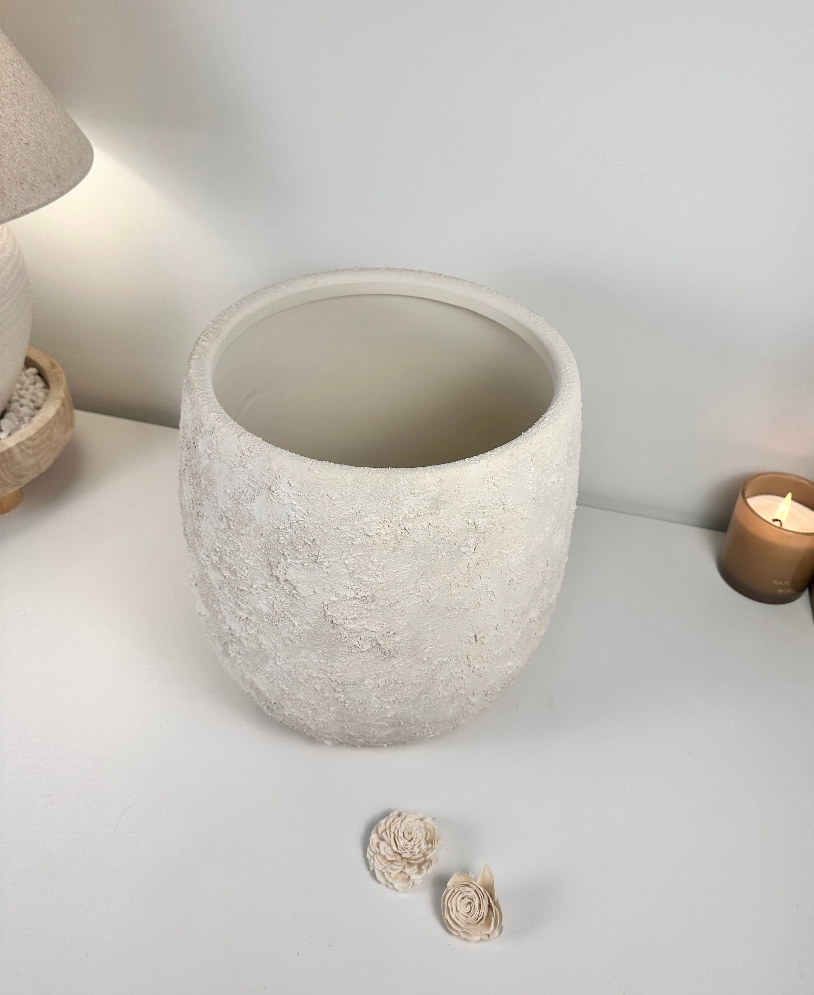 Minimalist Textured Hand-painted Ceramic Planter 12.5"" tall - off white washed