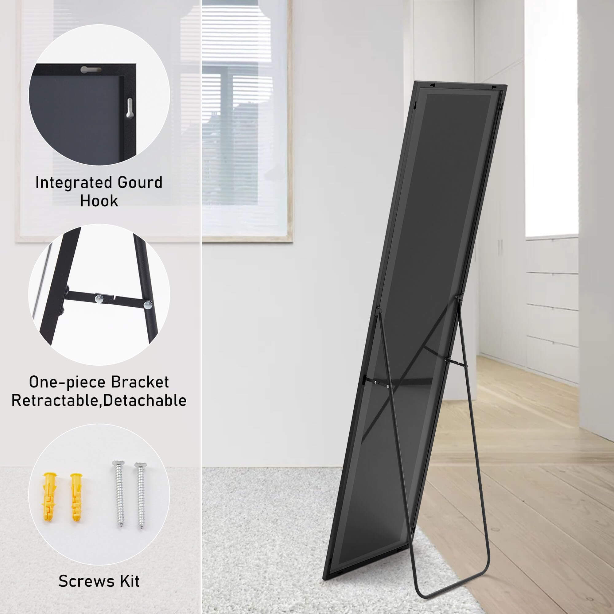 Wall Mirror with Stand Aluminum Alloy Thin Frame 21''x64'' - Black-rect