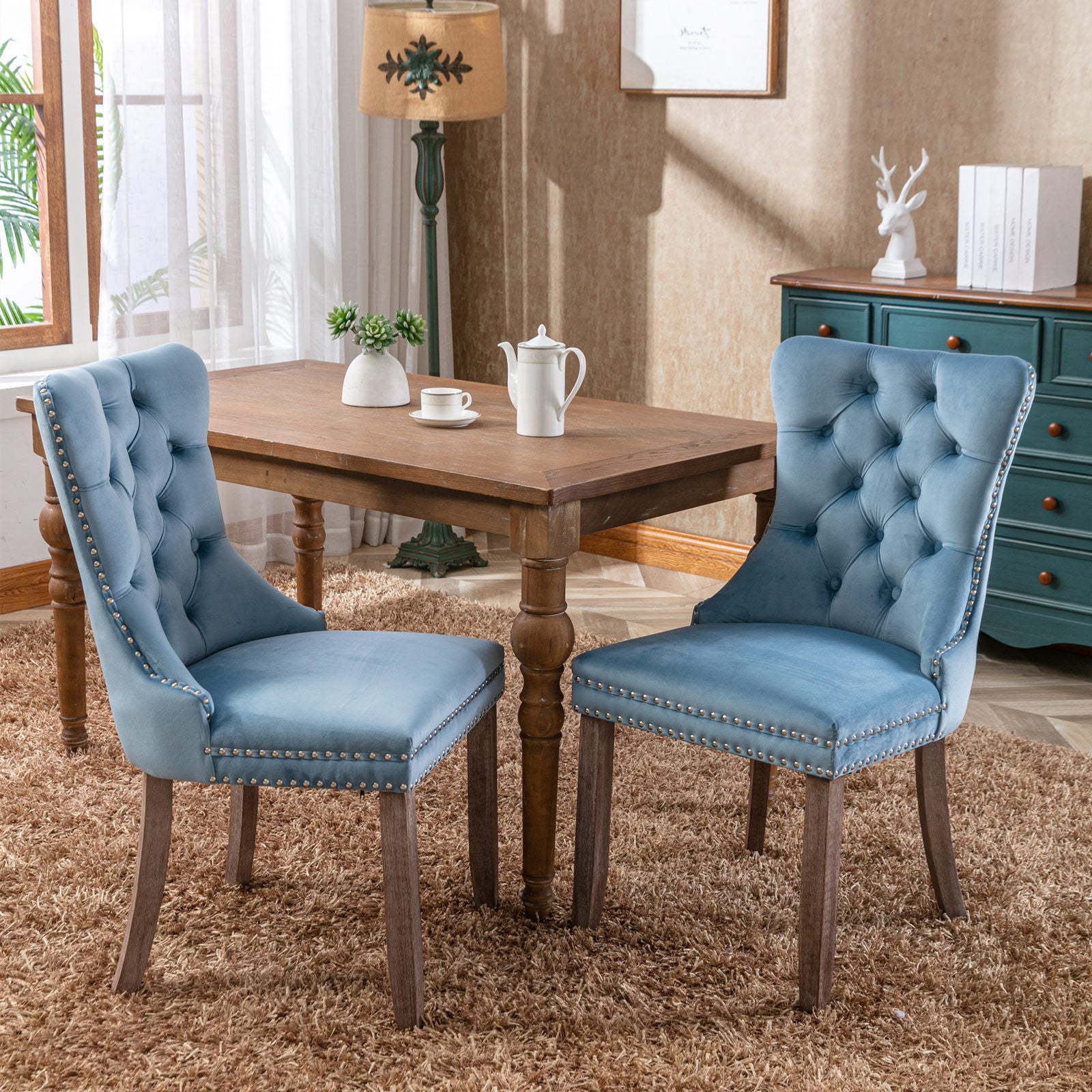 High-end Tufted Solid Wood Contemporary Velvet Upholstered Dining Chair with Wood Legs Nailhead Trim 2-Pcs Set, Light Blue