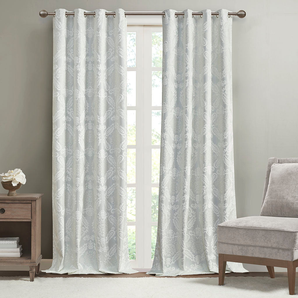 50x95" Knitted Jacquard Paisley Total Blackout Grommet Top Curtain Panel - White