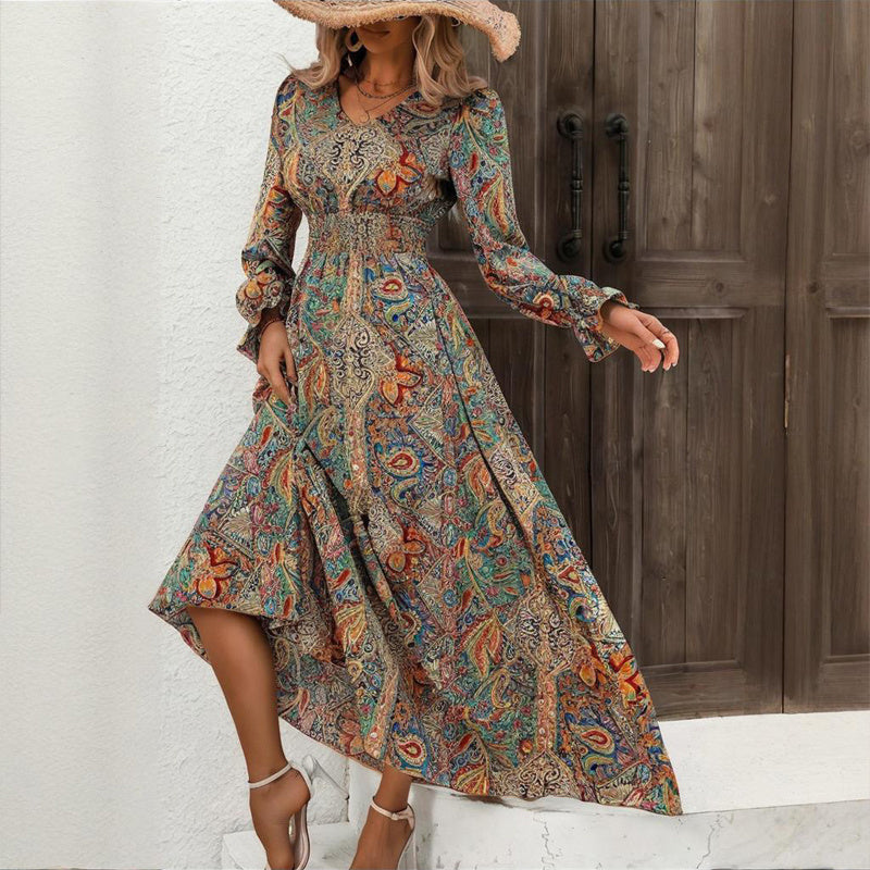 Women's Boho Maxi Dress, V-Neck, Geometric Print, Long Flounce Sleeves, Smocked Waist, A-Line