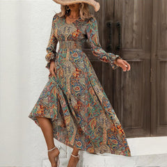 Women's Boho Maxi Dress, V-Neck, Geometric Print, Long Flounce Sleeves, Smocked Waist, A-Line
