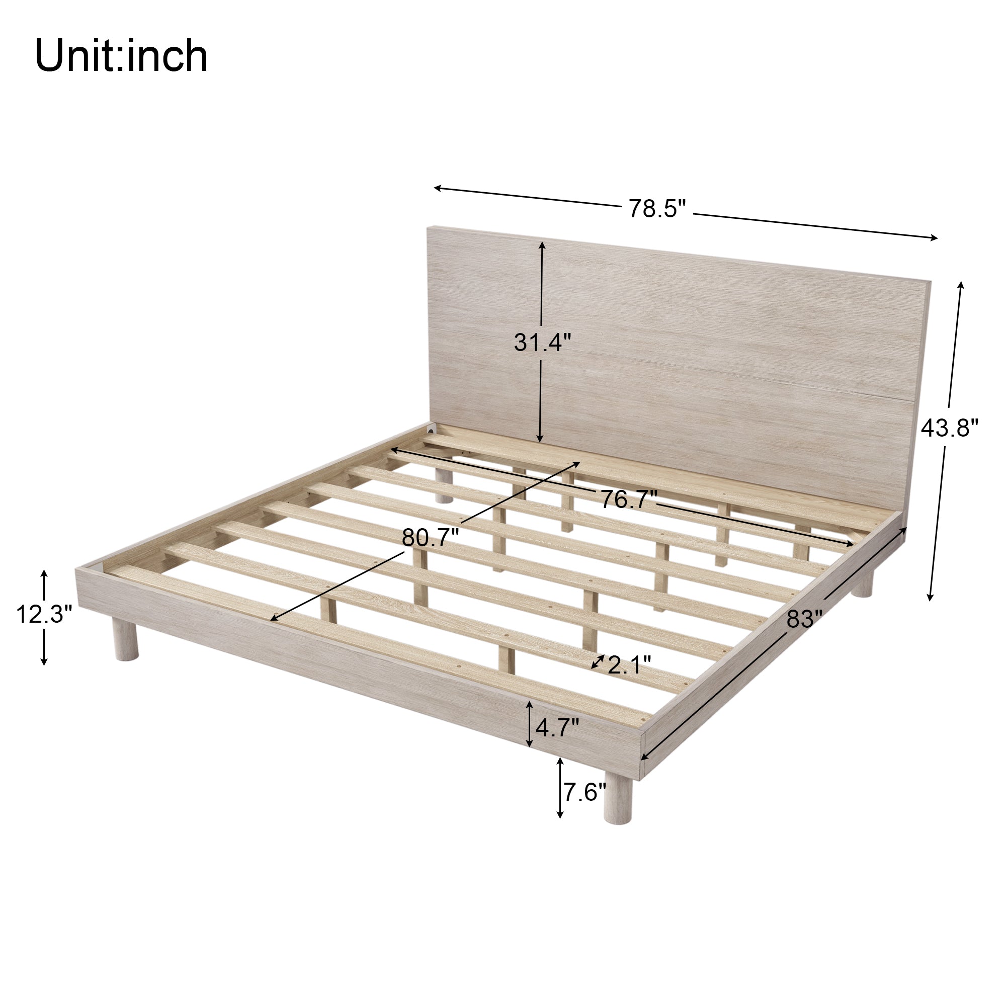 King Bed Modern Concise Style Solid Wood Grain Platform - Stone Gray