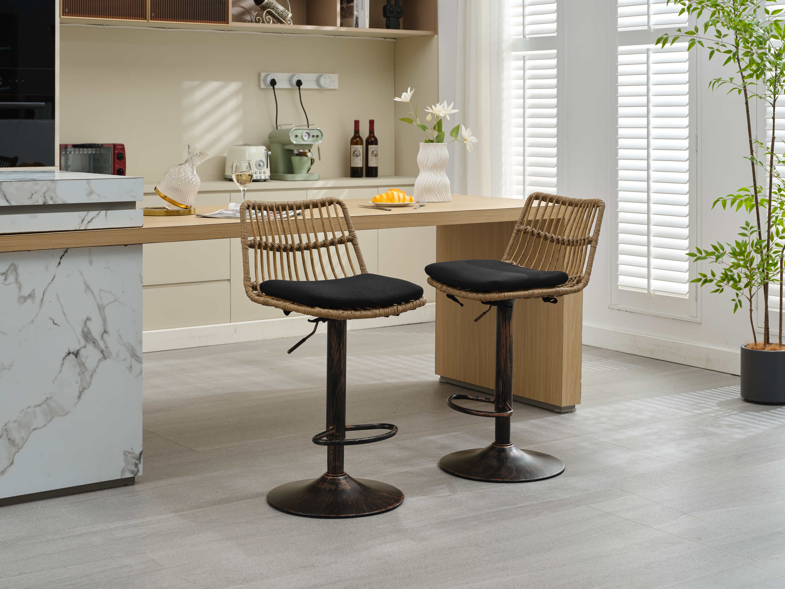 Set of 2 Rattan Bar Stool, 360 Swivel Bar Chair, Counter Height Chair with Footrest - Black