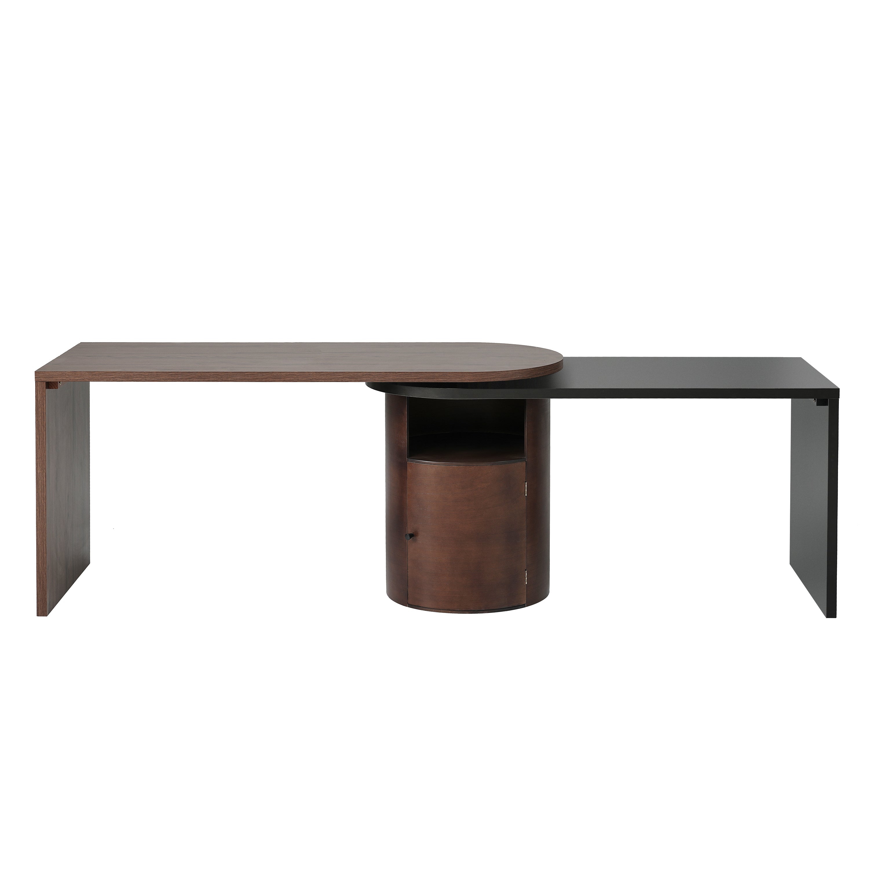 Modern L Shaped Desk in Walnut with 1 Cabinet and Open storage, 360° Wood Rotating Desk 56.92"  - Walnut