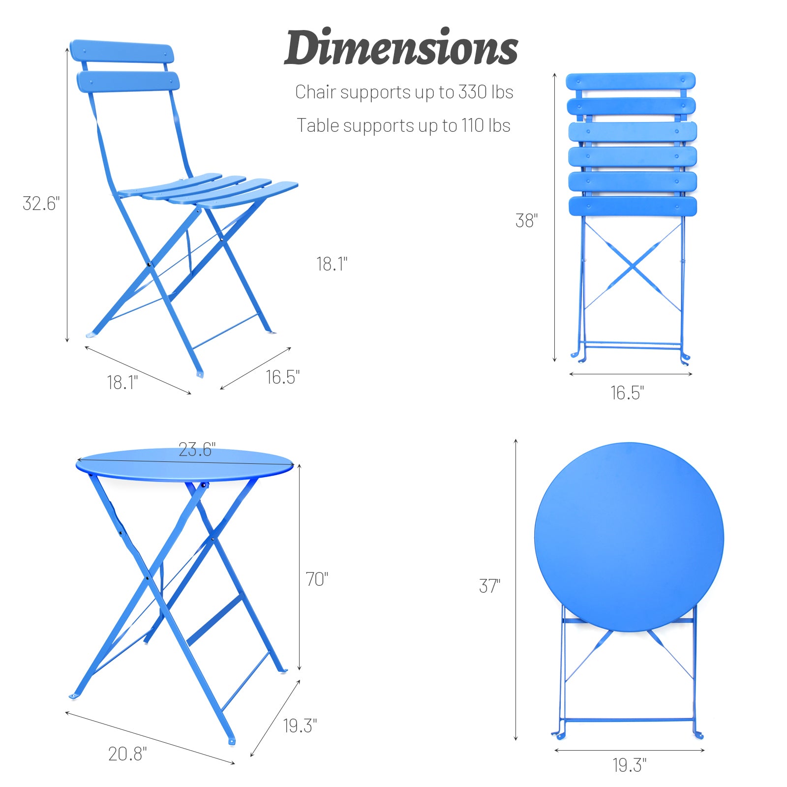 3 Pieces Patio Bistro Balcony Metail Chair Table Set-Blue