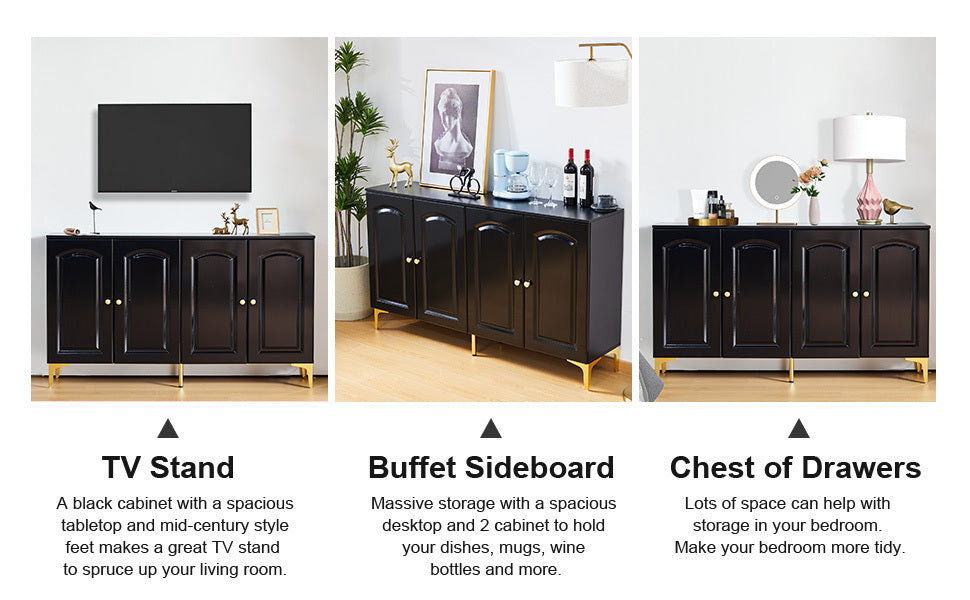 Buffet Sideboard 4 Doors Accent Storage Cabinet, Mid Century Modern Buffet Table with Adjustable Shelf - Black