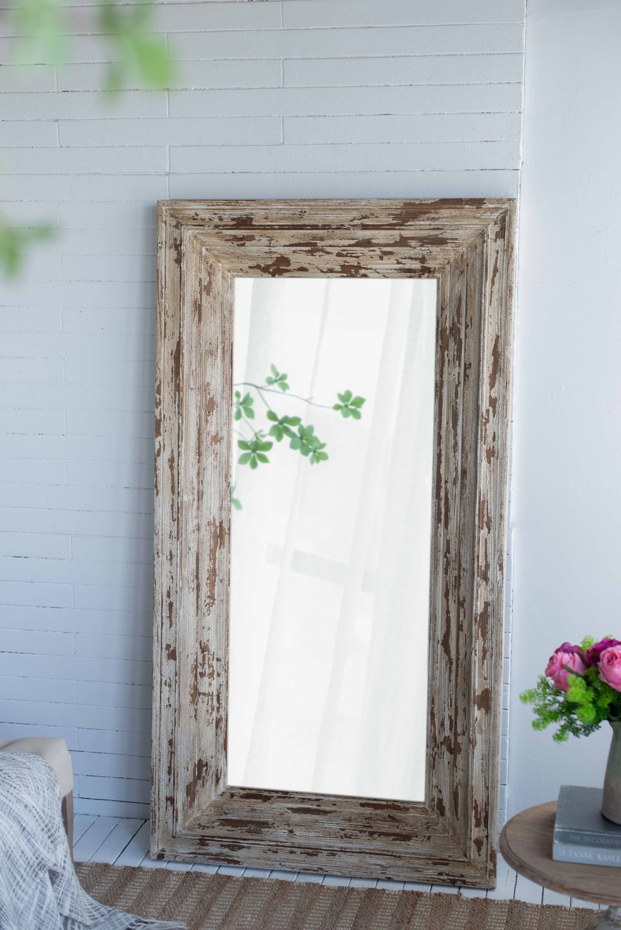 Full Length Rectangle Floor Mirror with Distressed Wood Frame 39x3.5x75"