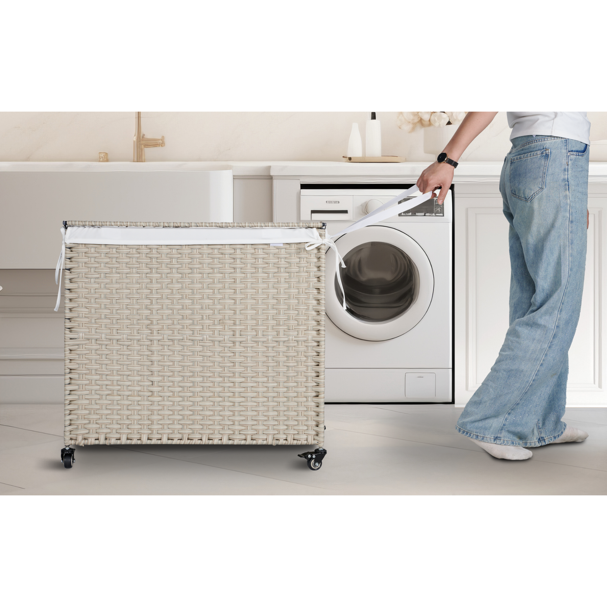 Laundry Hamper With Lid PE Rattan Powder Coating Frame Clothes Hampers with 2 Removable Bags, Wheels, 160L, Light Grey