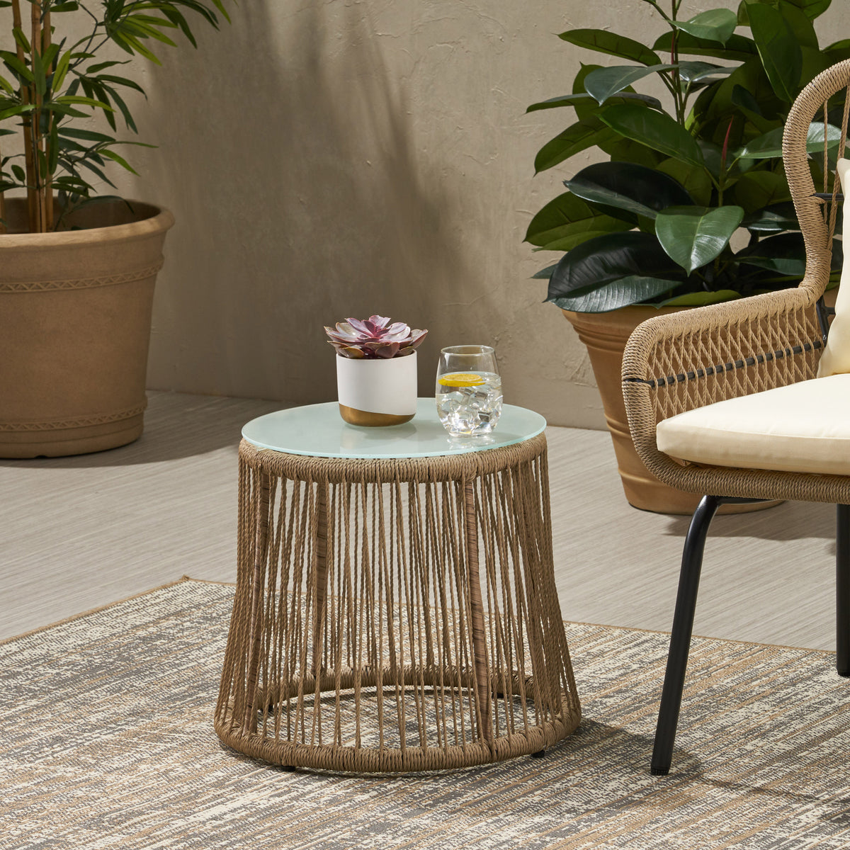 Boho Woven Rope Side Table - Brown