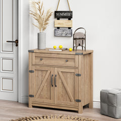 Modern Farmhouse Double Barn Door Accent Cabinet, 30 Inch, Tobacco Wood