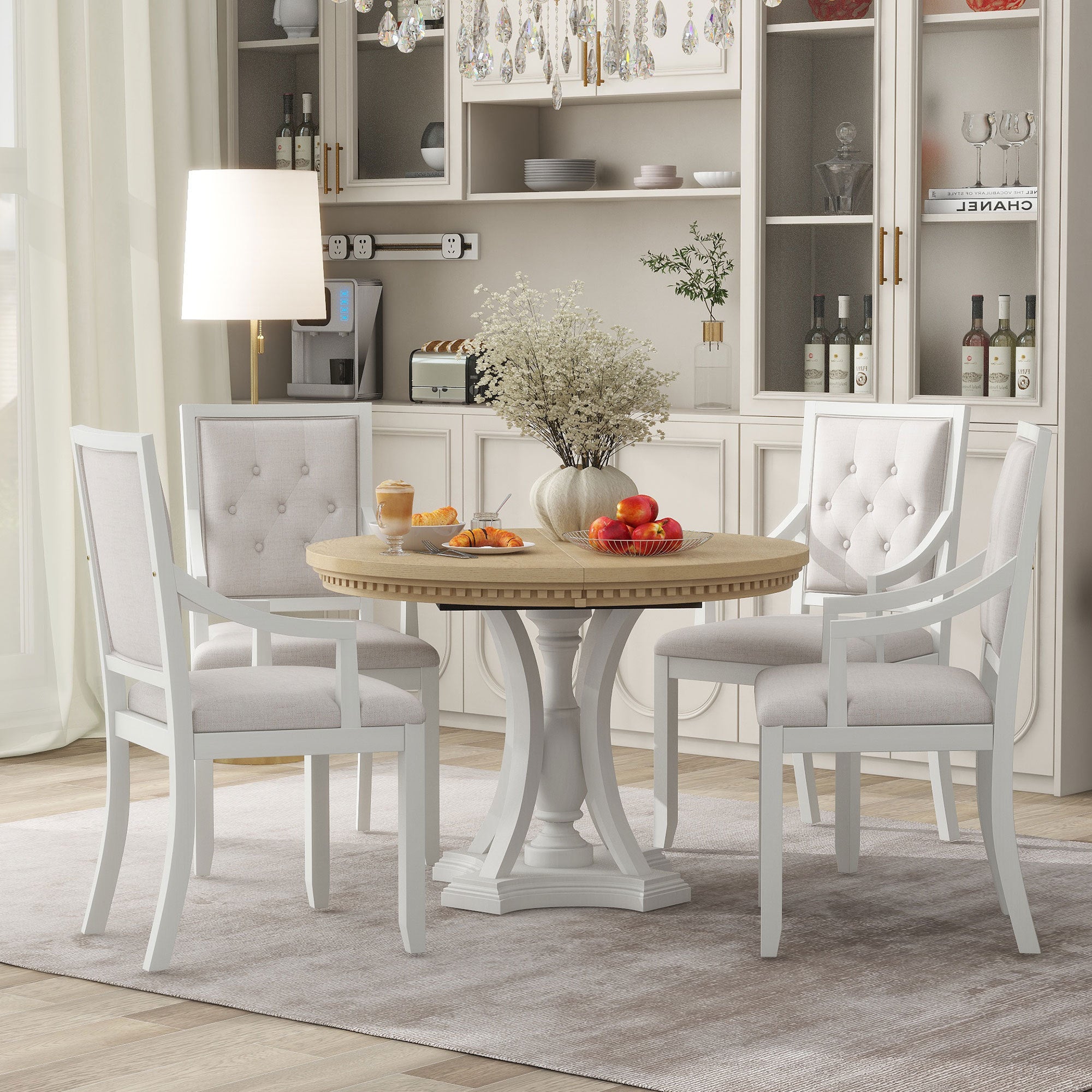 Retro 5-piece Dining Set Extendable Round Table and 4 Chairs - Oak Natural Wood + Antique White