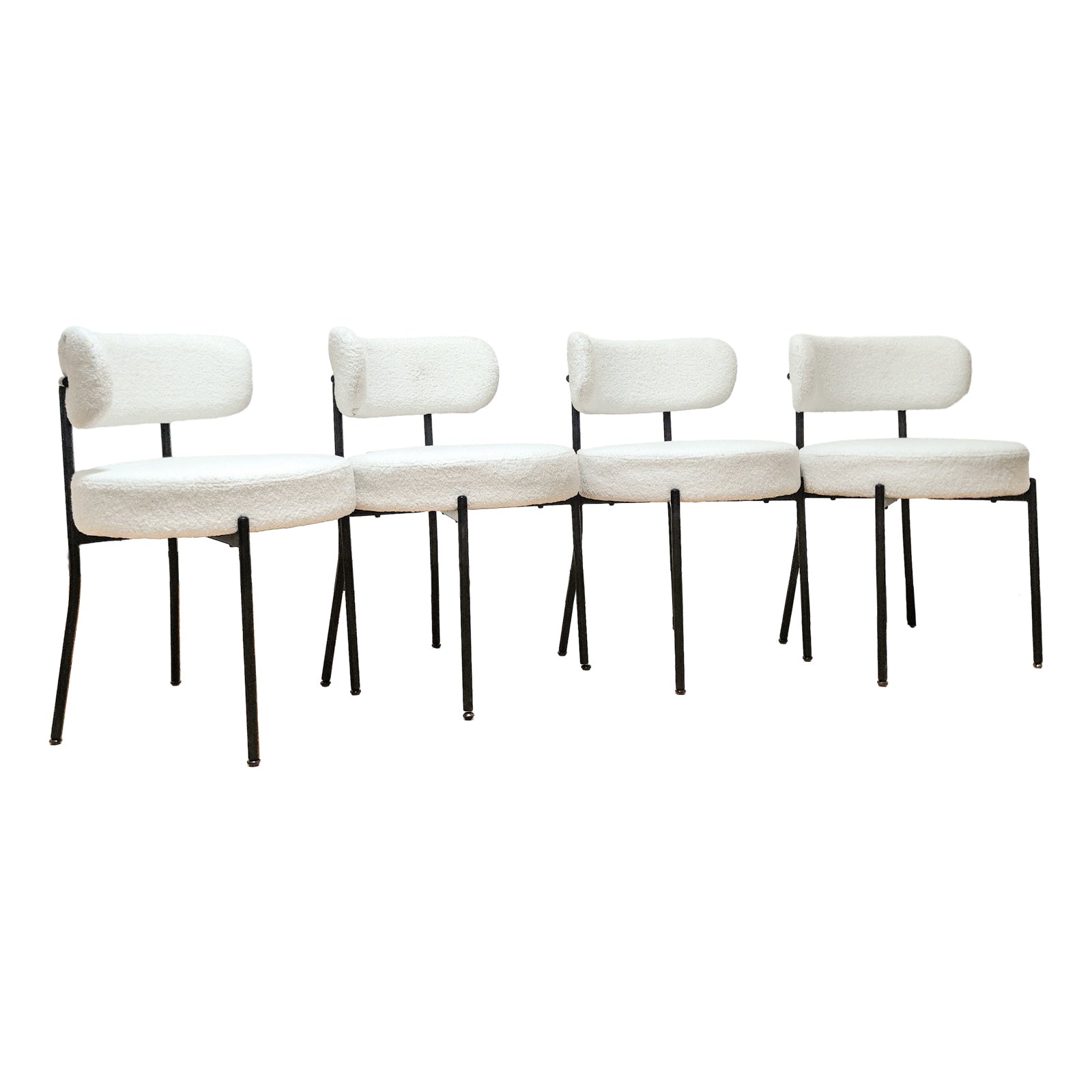Set of 2 Dining Chairs, Mid-Century Modern, Curved Backrest Round Upholstered Boucle with Black Metal Legs