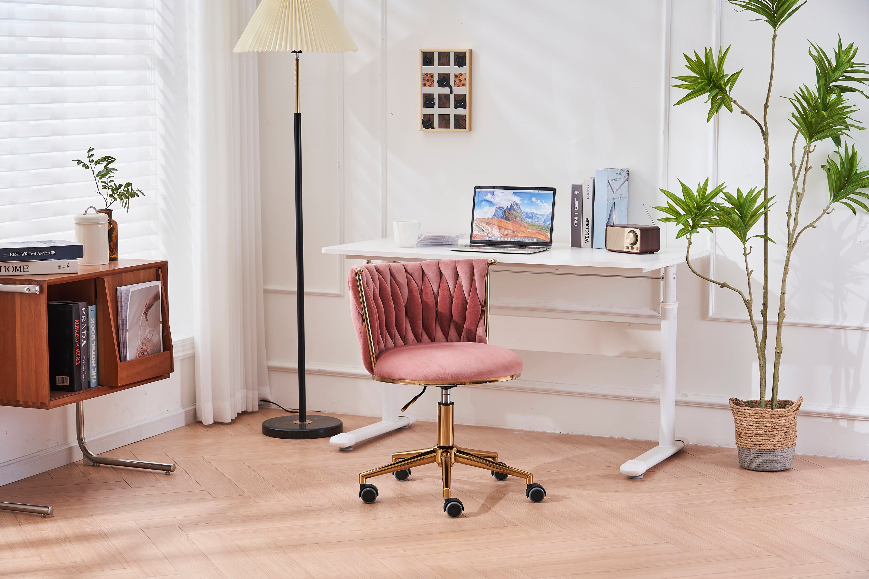Upholstered Home Office Desk Chairs with Adjustable Swivel Wheels - Pink